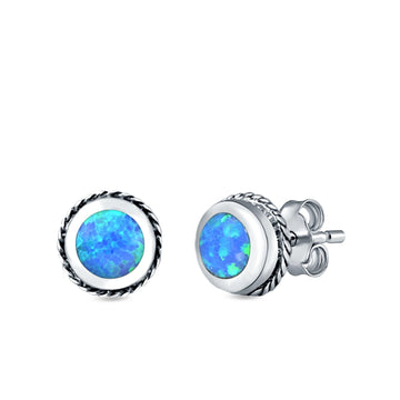 Round Stud Earrings Lab Created Blue Opal 925 Sterling Silver (7mm)